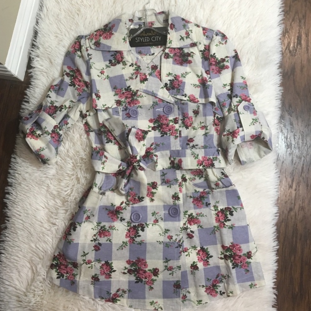 Floral checkered lightweight jacket waist tie